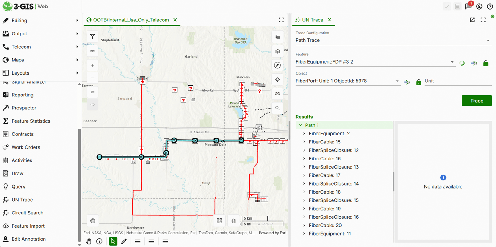 Tracing paths through fiber infrastructure in 3-GIS for the TDN