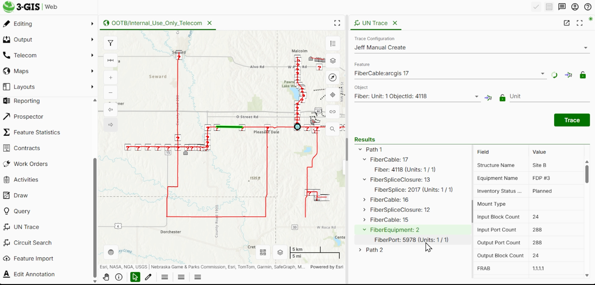 Viewing structured trace results with 3-GIS for the TDN