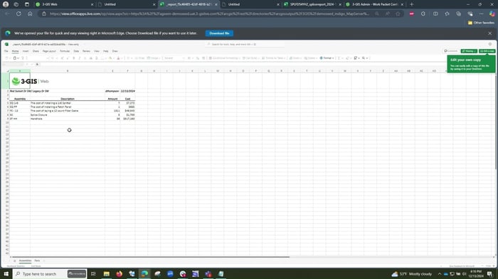 Export of a Bill of Materials list generated from 3-GIS | Web