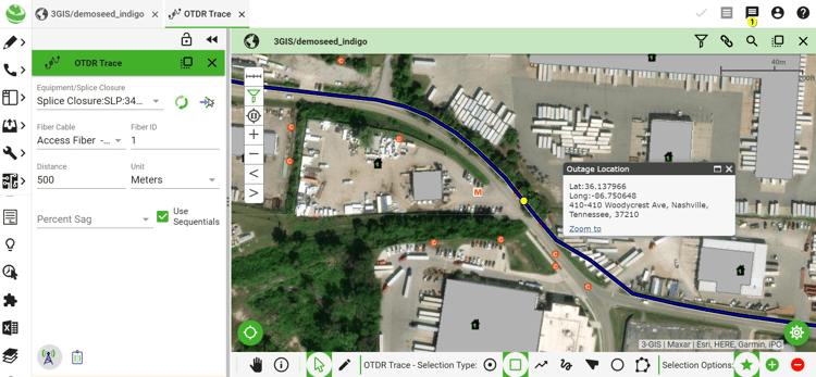 Detecting the specific location of an outage in 3-GIS | Web using results gathered from an OTDR reading.